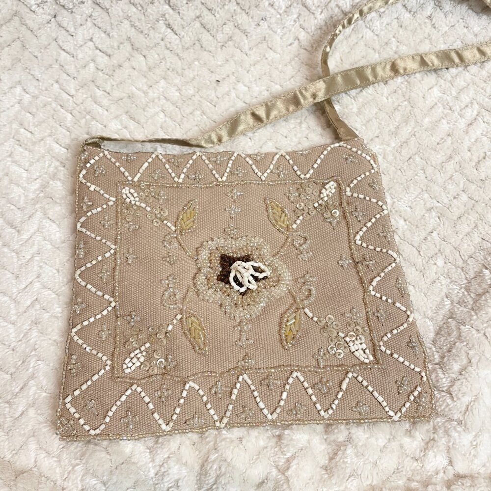 Cottage Core Tan Small‎ Beaded Cloth Bag Boho Chic EuroSummer - Picture 3 of 8